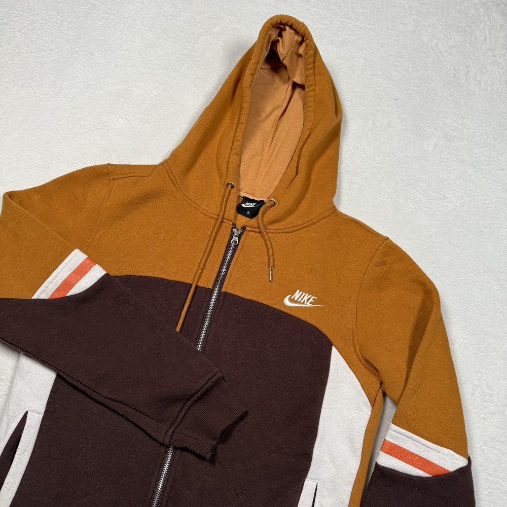 Nike Hoodie Mens Small Brown‎ Tan Full Zip Colorblock Embroidered Swoosh Pockets